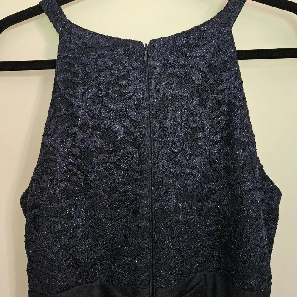 Navy Women's Long Maxi Halter Dress Sheer Matte Jersey With Lace Gown Size 12 - Picture 4 of 9